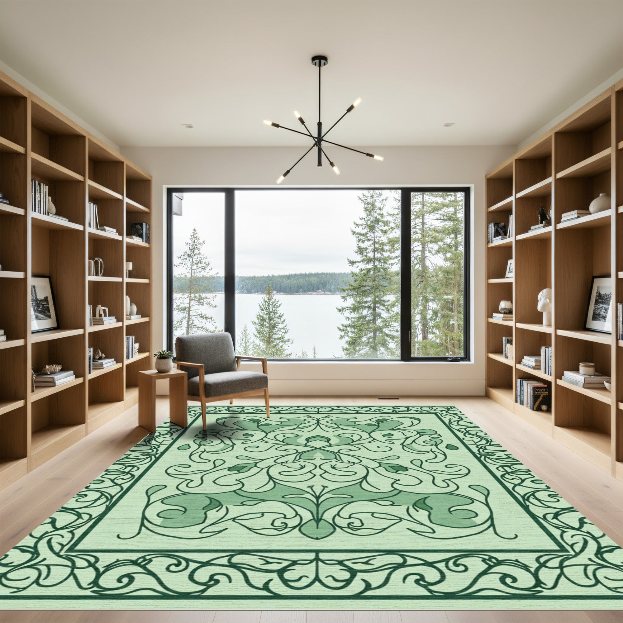 Green Tonal Floral Medallion Arabesque Rug