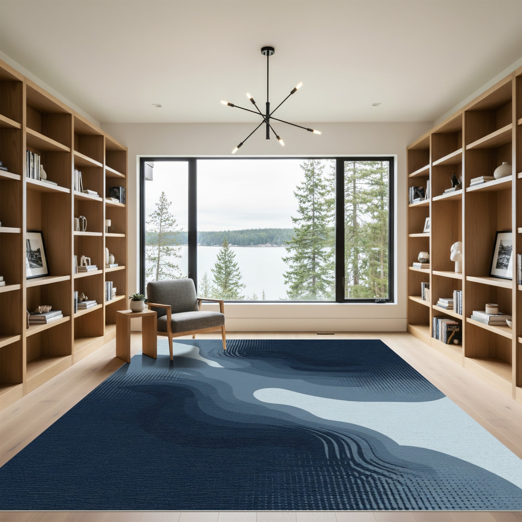 Deep Blue Wavy Organic Abstract Rug