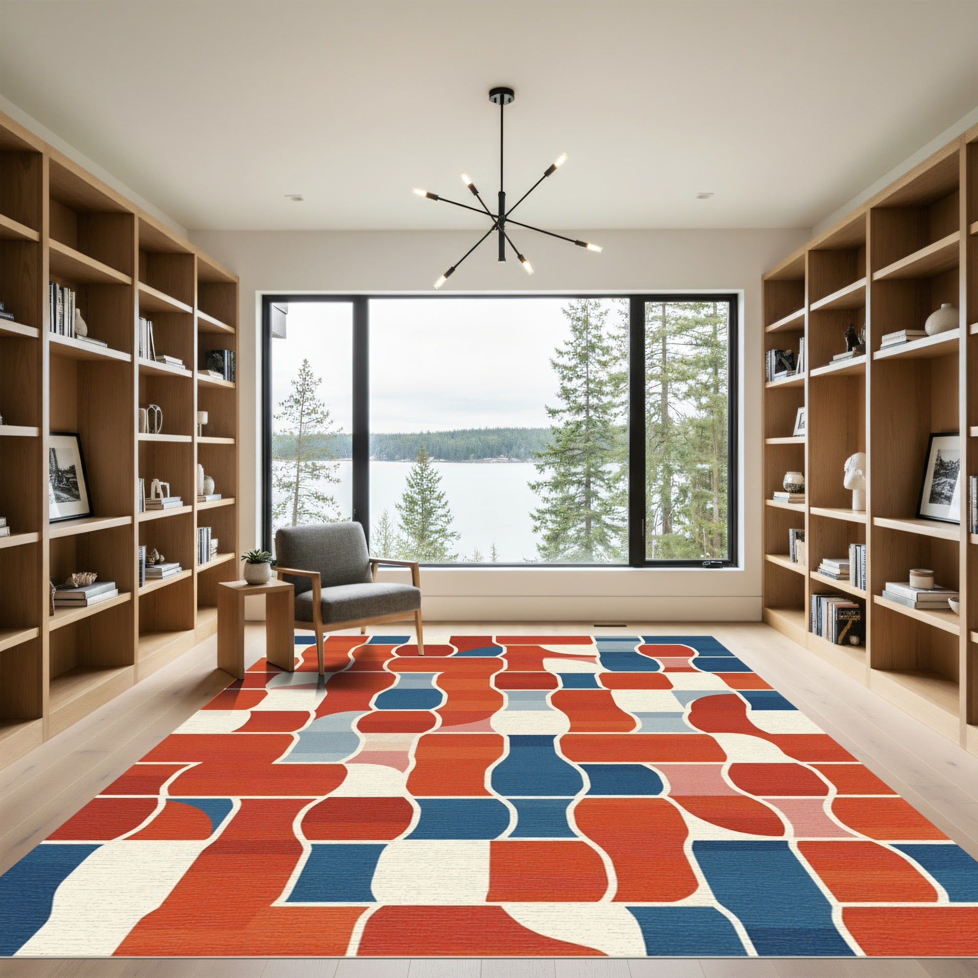 Abstract Red Blueprint Geometric Layout Rug