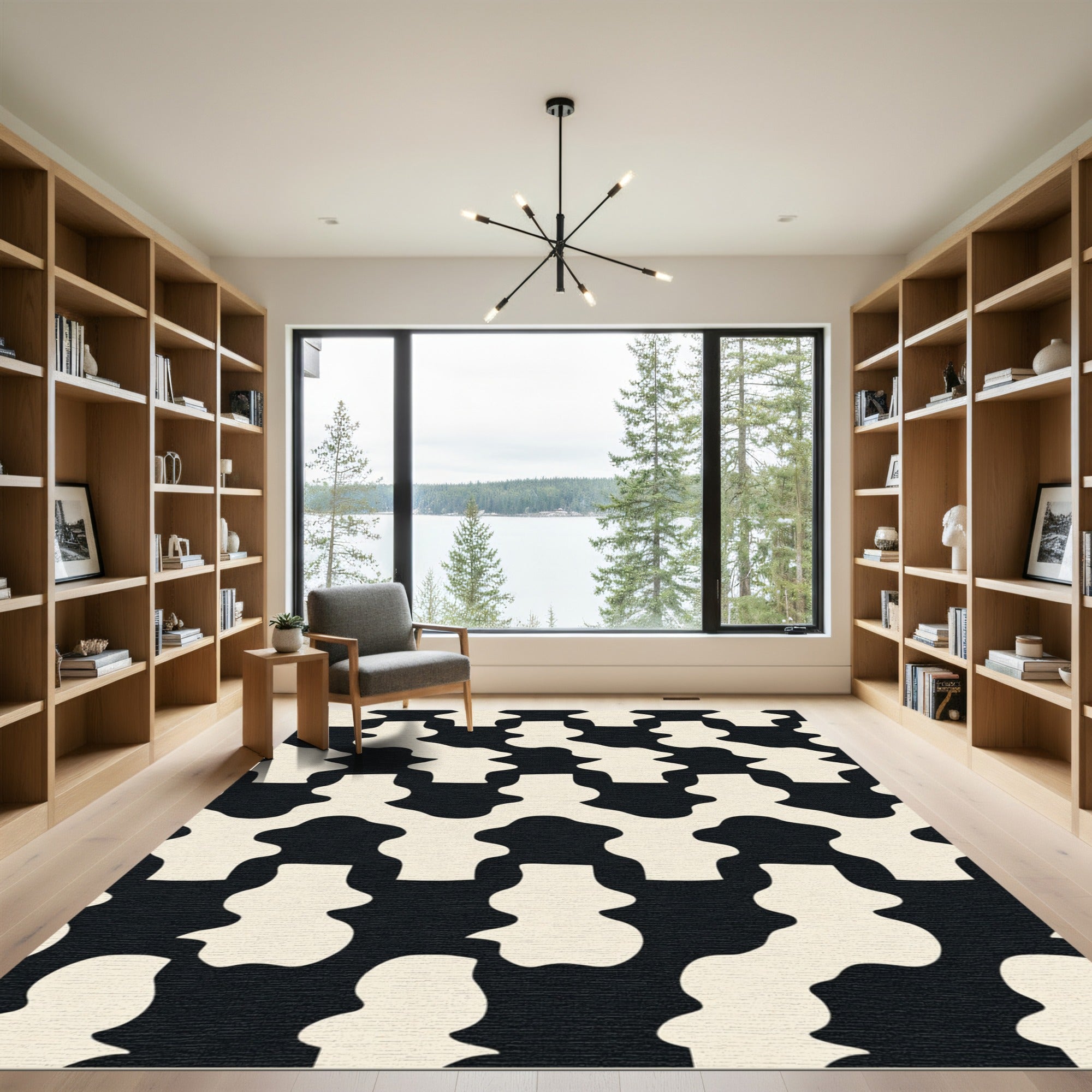 Cream Black Organic Interlocking Shapes Rug