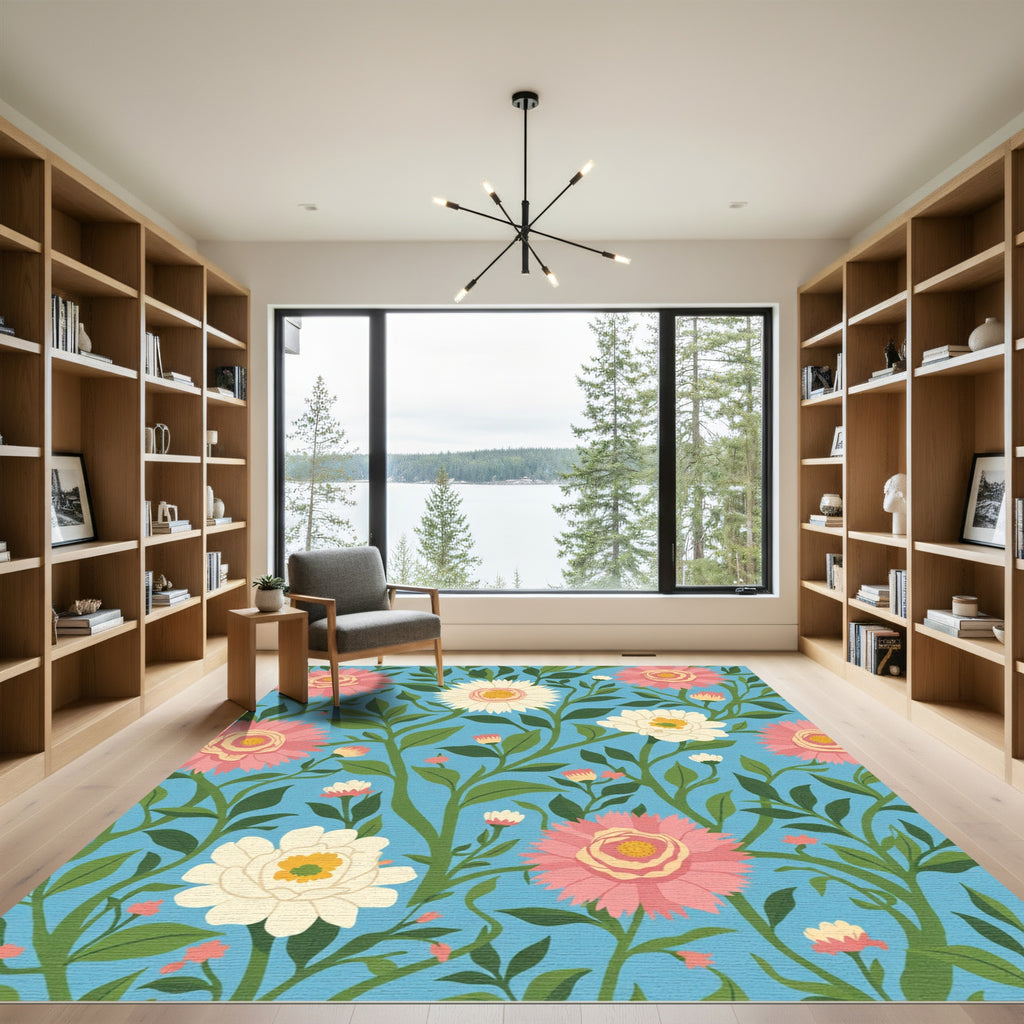 Pink White Floral Garden Blue Background Rug