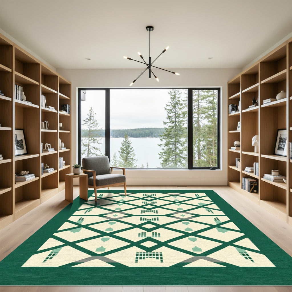 Emerald And Cream Geometric Diamond Rug