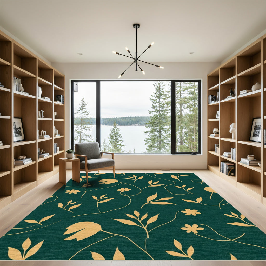 Golden Botanical Silhouette Dark Green Rug
