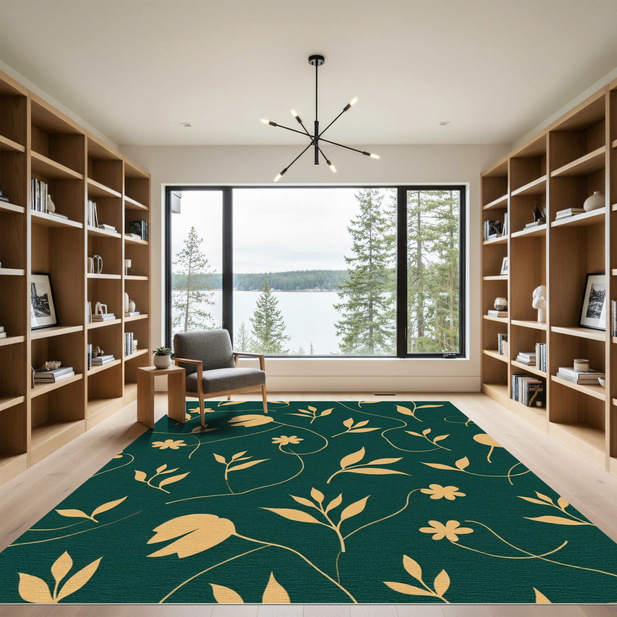 Golden Botanical Silhouette Dark Green Rug