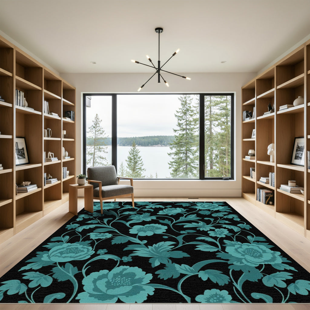 Teal Floral Vine Scroll Rug