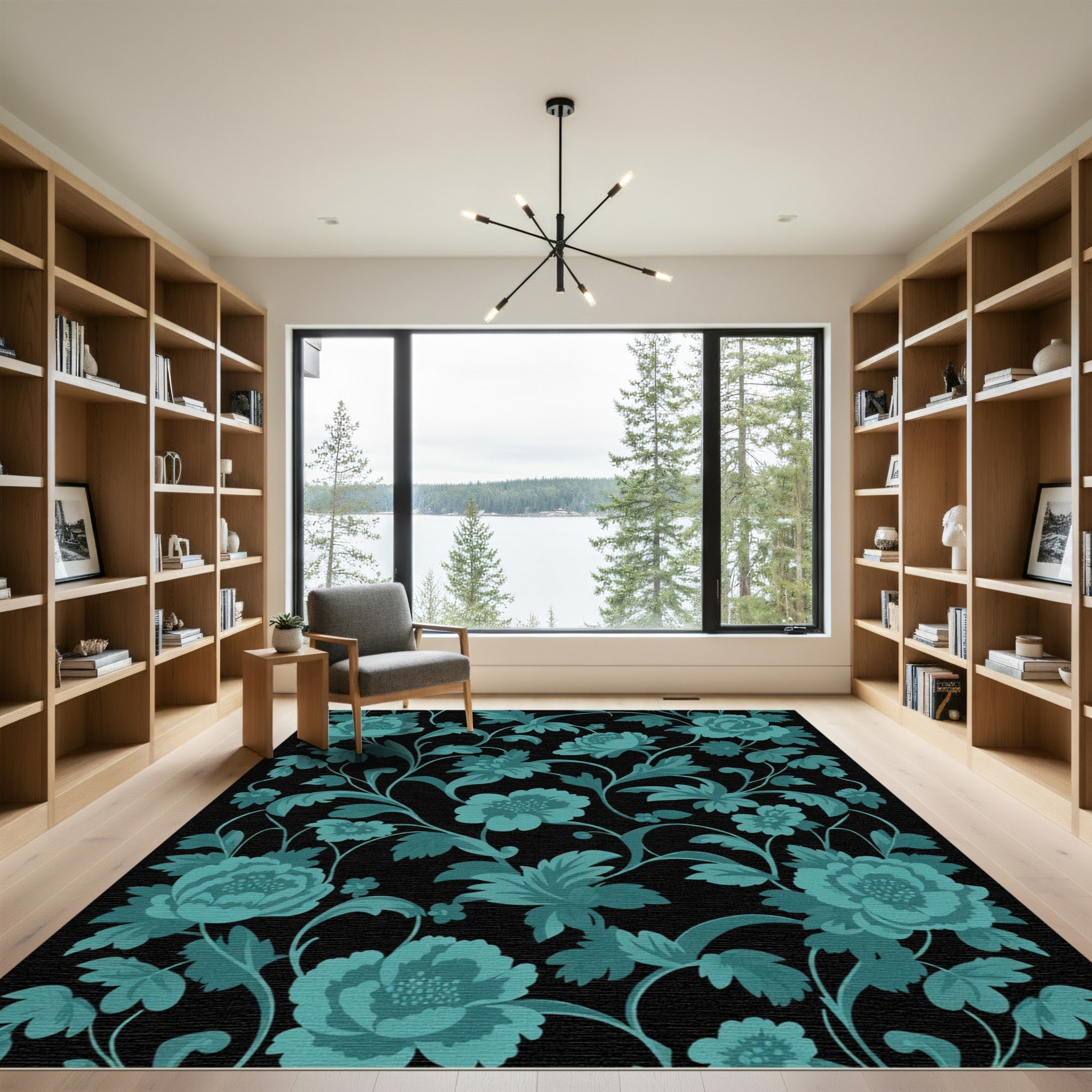 Teal Floral Vine Scroll Rug