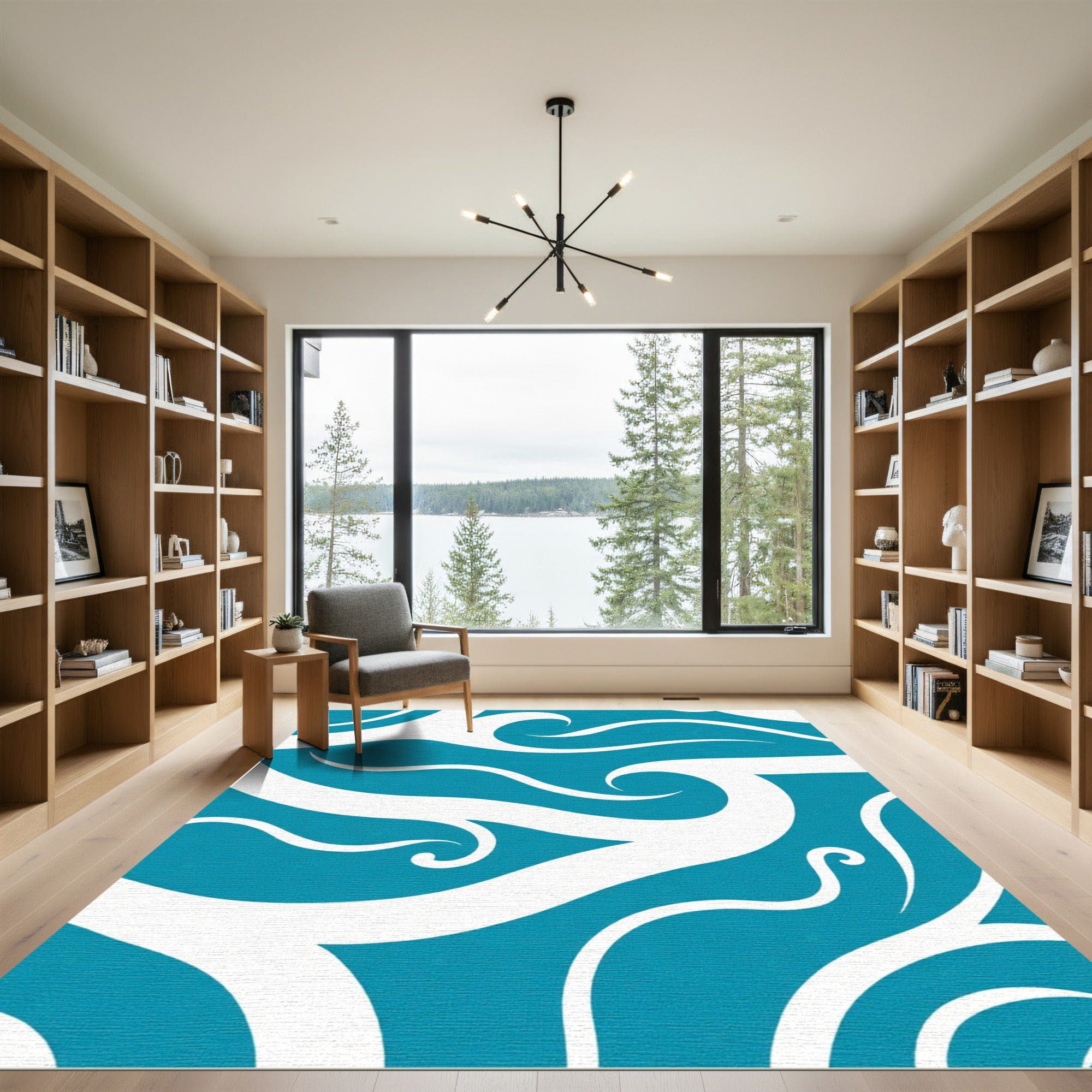 Deep Blue White Wave Abstract Rug