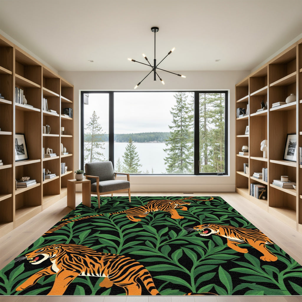 Vibrant Orange Tigers Lush Green Jungle Rug