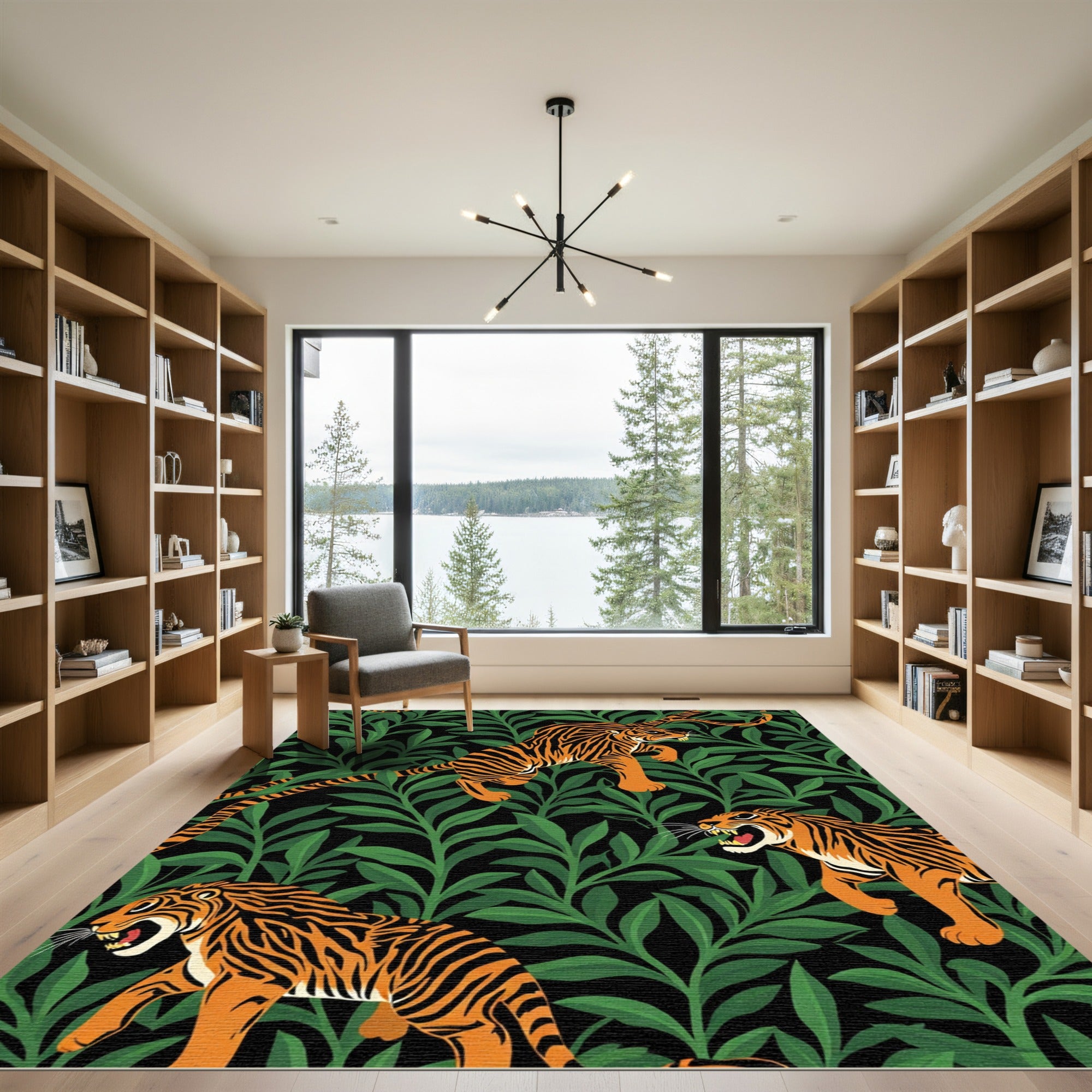 Vibrant Orange Tigers Lush Green Jungle Rug