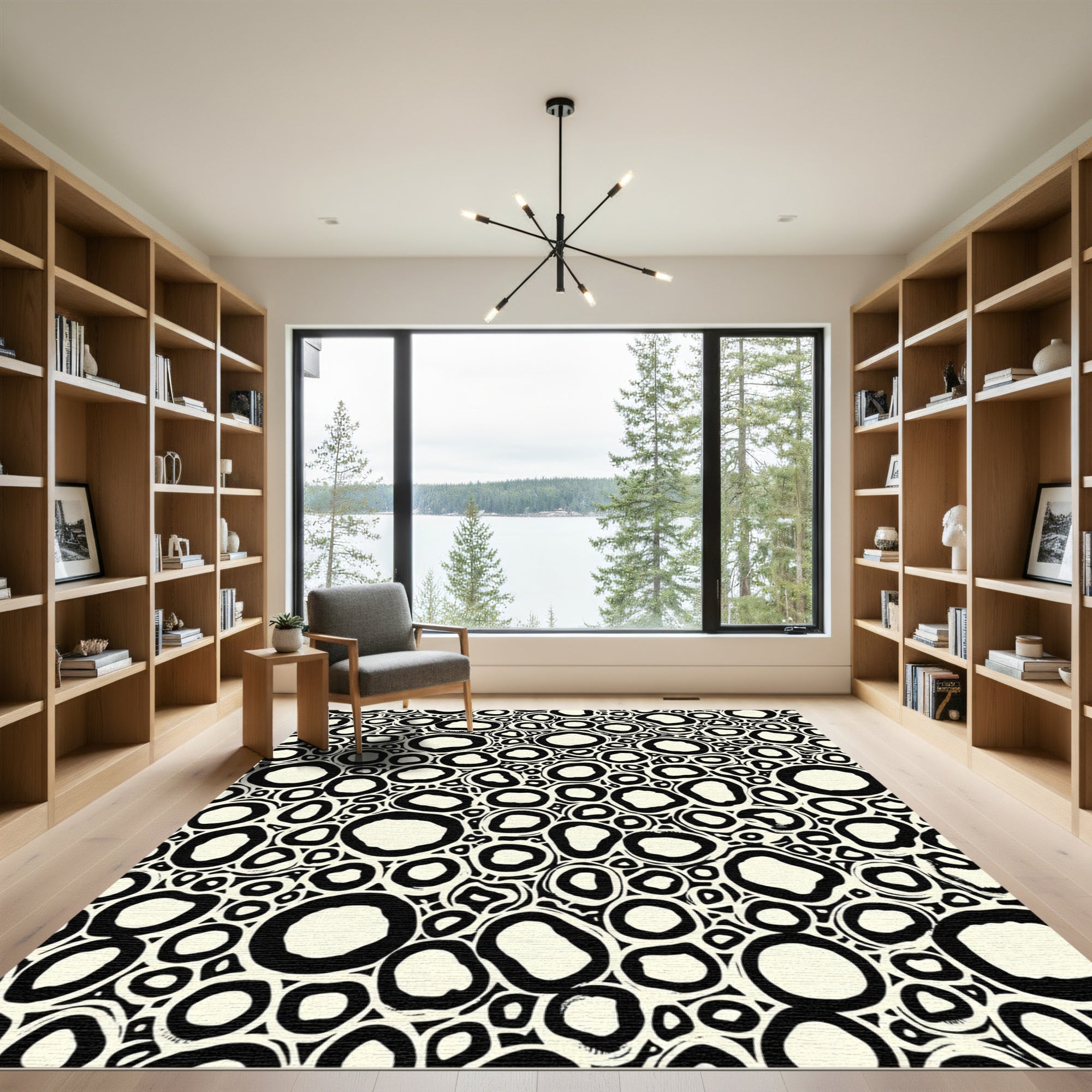 Abstract Black Cream Organic Circles Rug