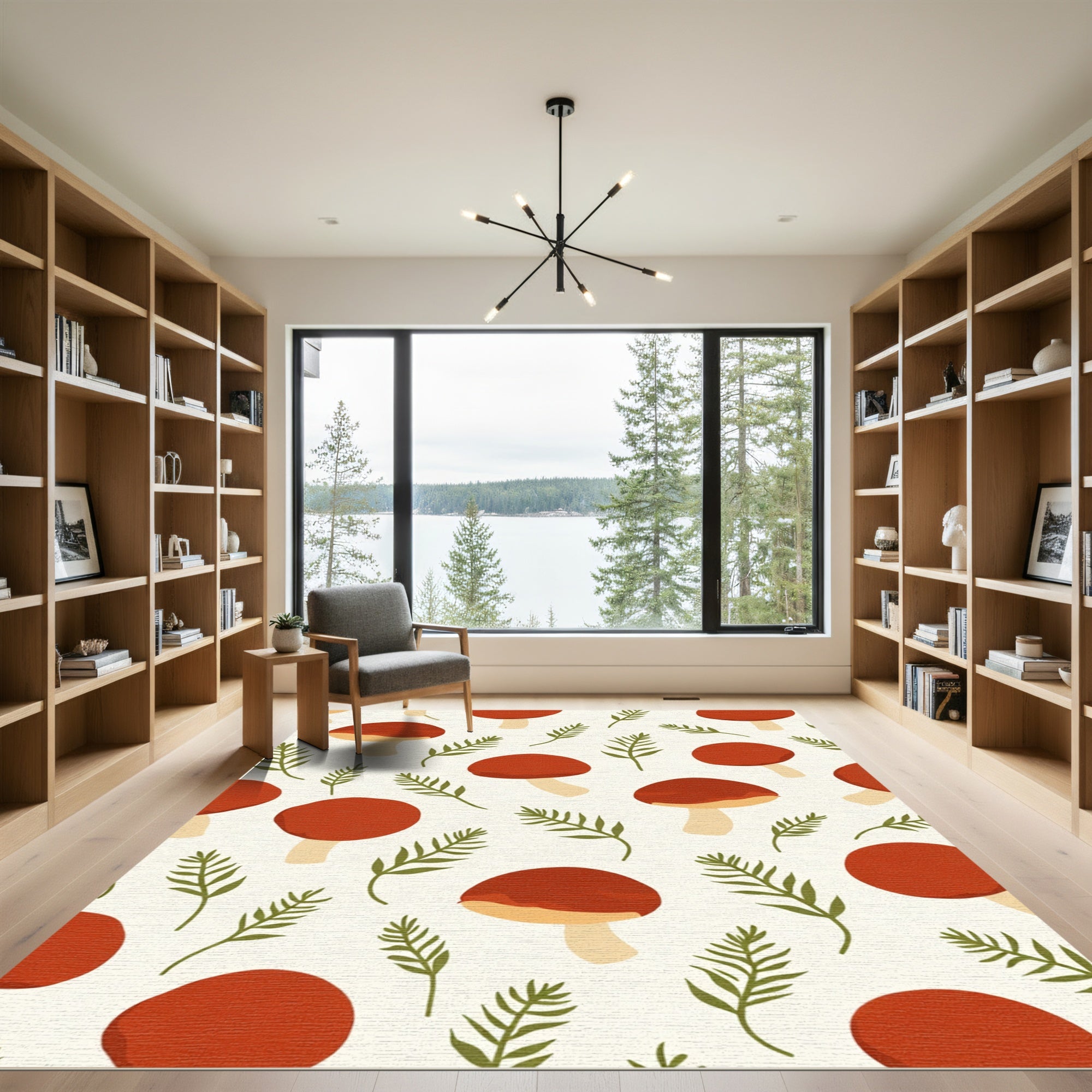 Crimson Mushroom Fern Pattern Rug