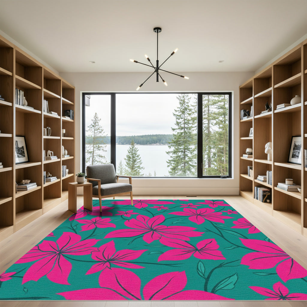 Vibrant Magenta Floral Teal Garden Rug
