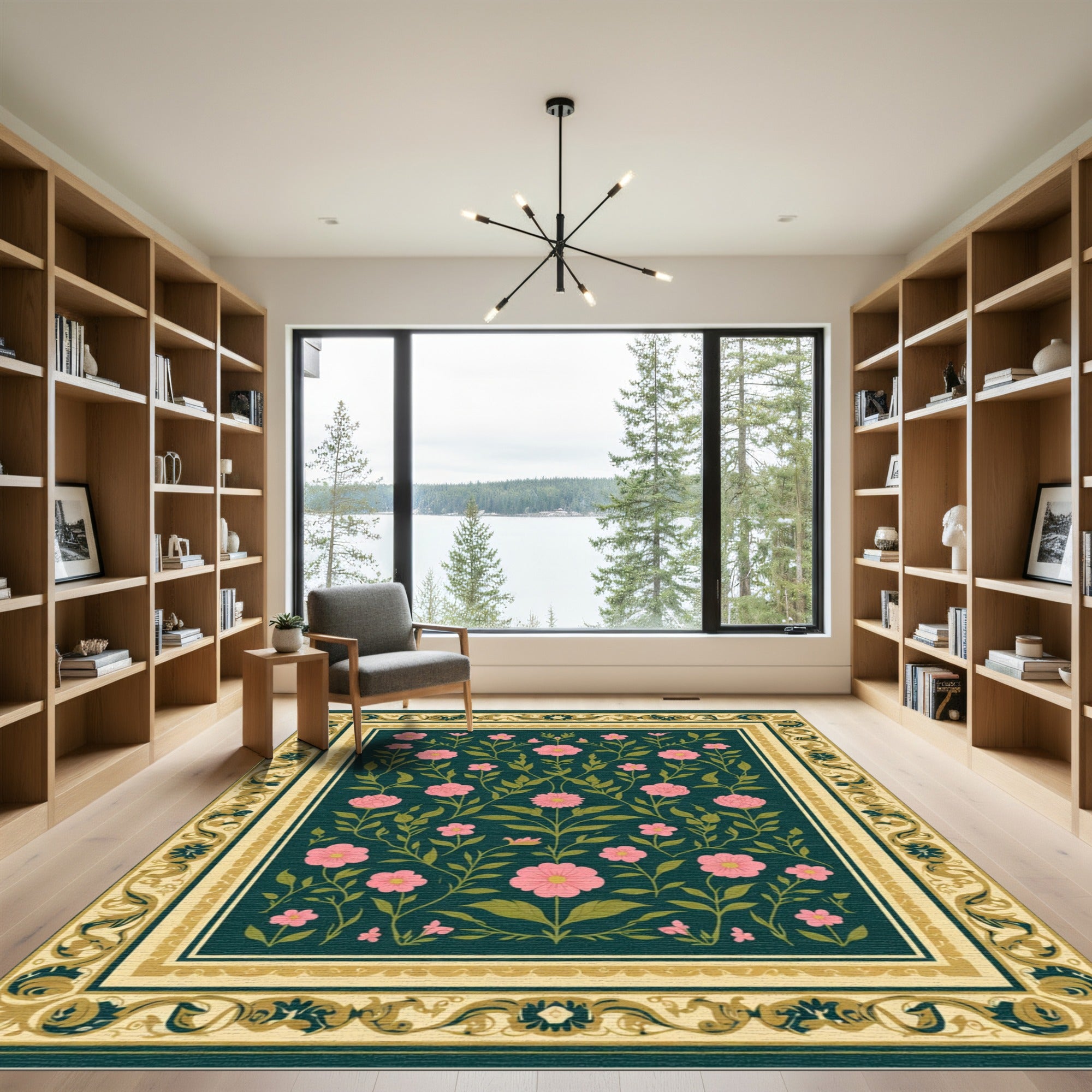 Pink Blossom Botanical Scroll Border Rug