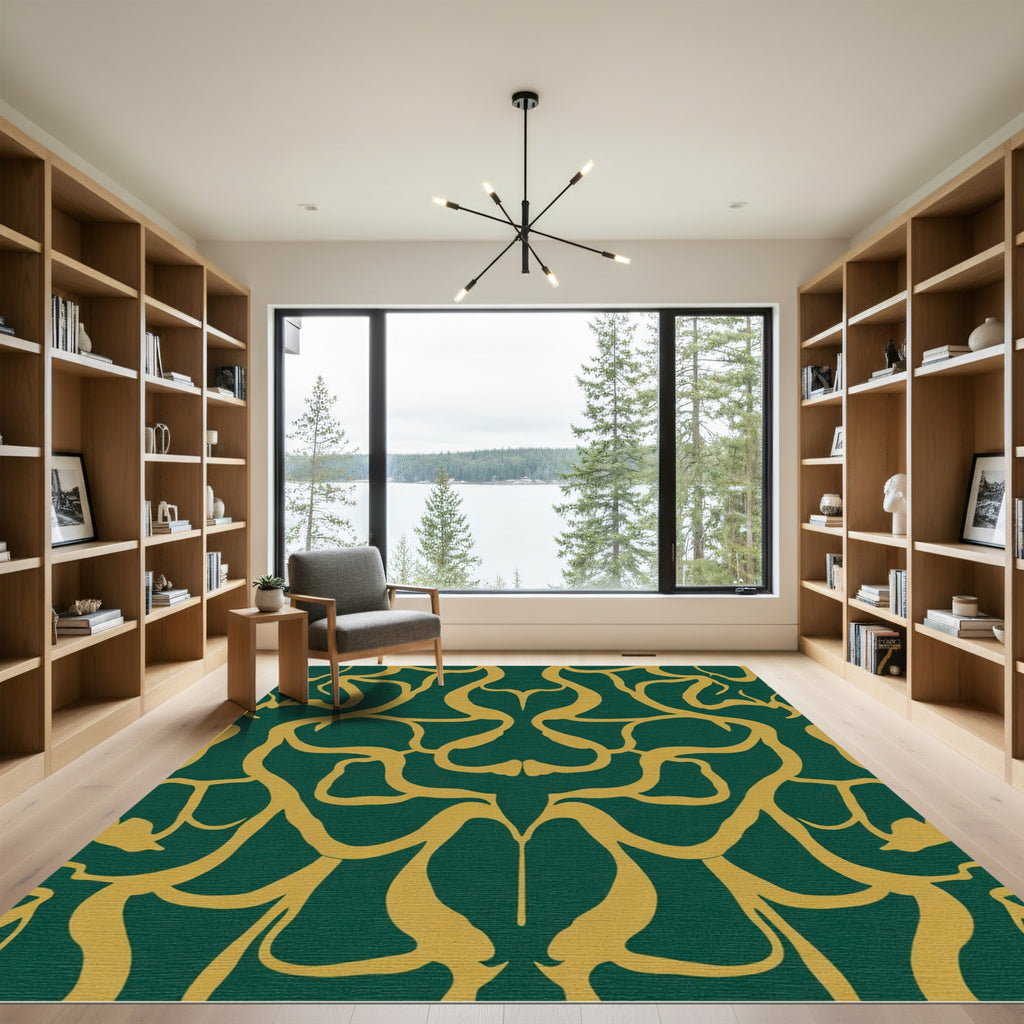 Deep Emerald Golden Curving Swirl Rug