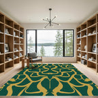 Deep Emerald Golden Curving Swirl Rug