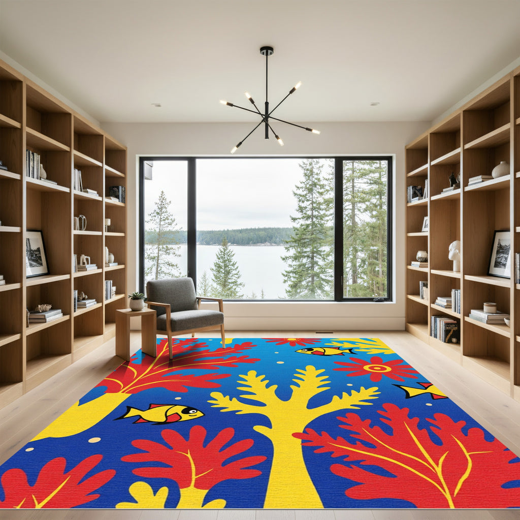 Whimsical Red Yellow Fish Coral Scene Rug