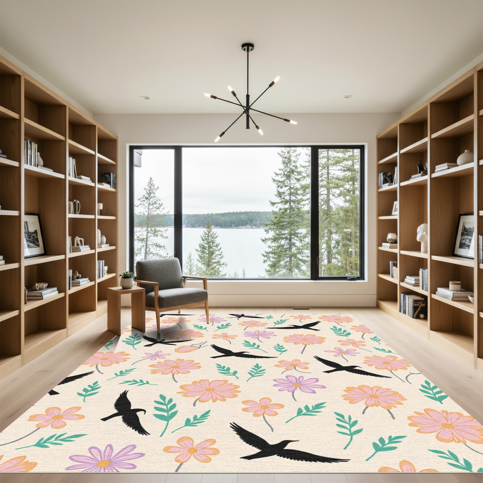 Whimsical Flying Birds Floral Field Rug