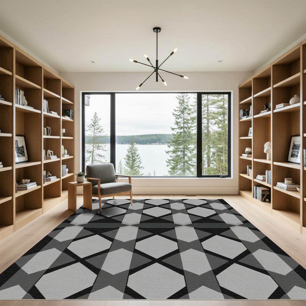 Gray Hexagon Stripe Geometric Rug