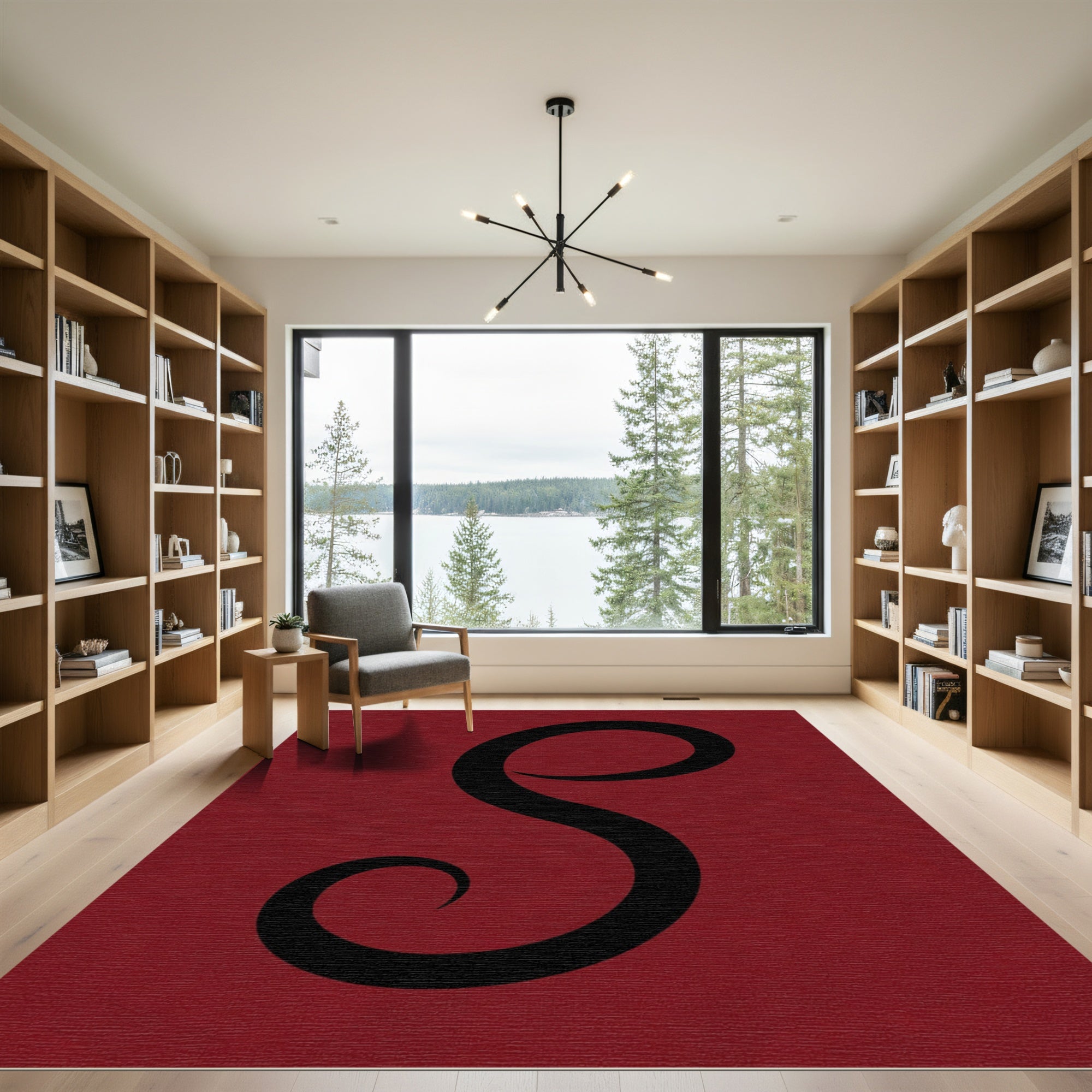 Deep Red Swirl Calligraphy Rug