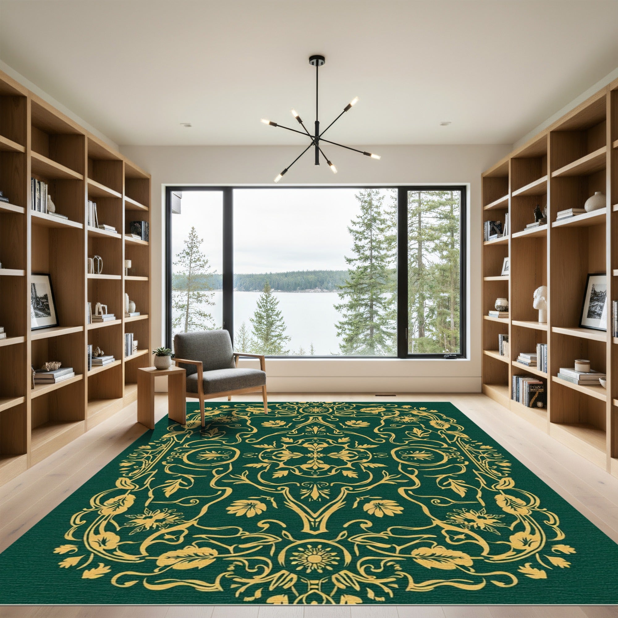Rich Gold Emerald Floral Scroll Rug