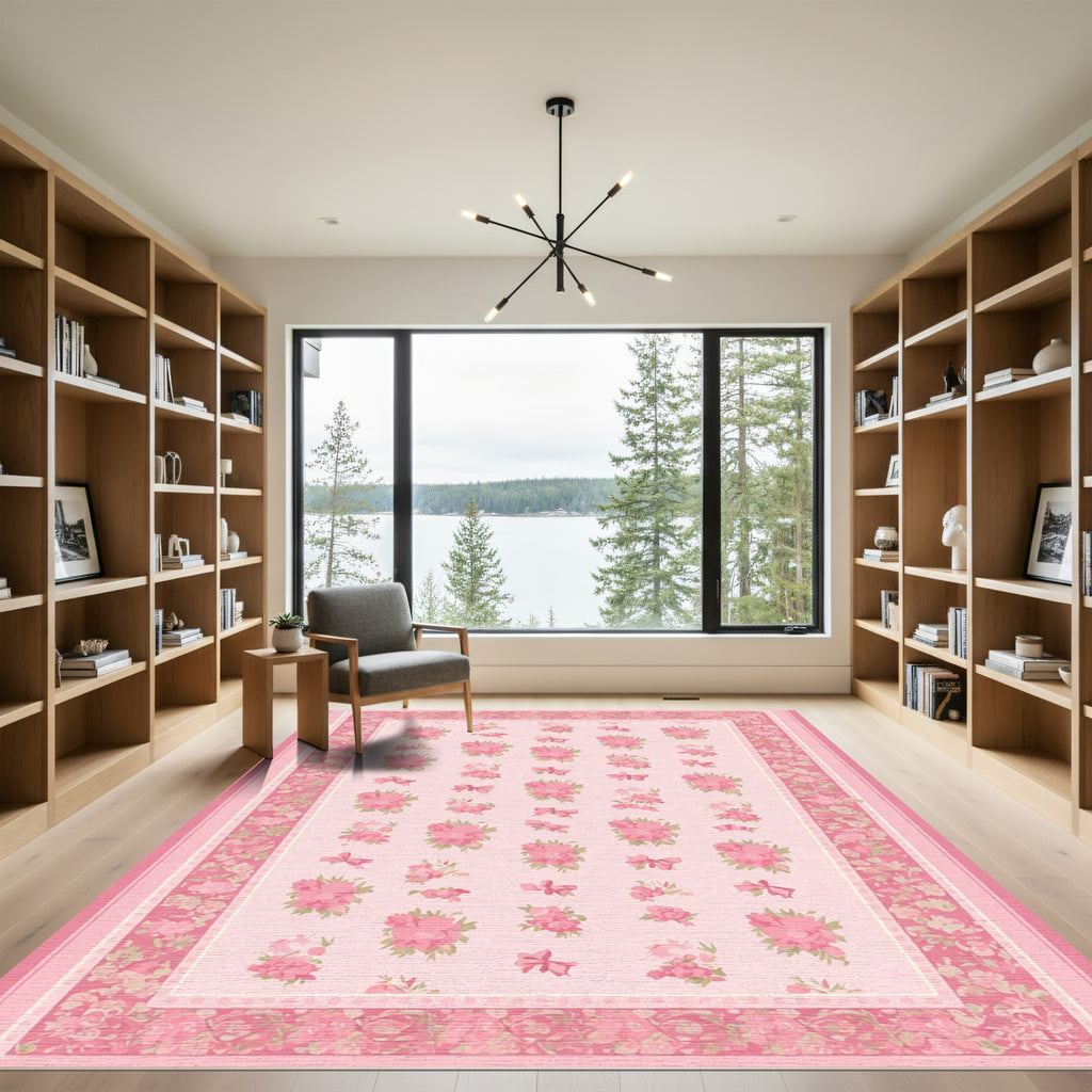 Feminine Pink Floral Bow Arrangement Rug