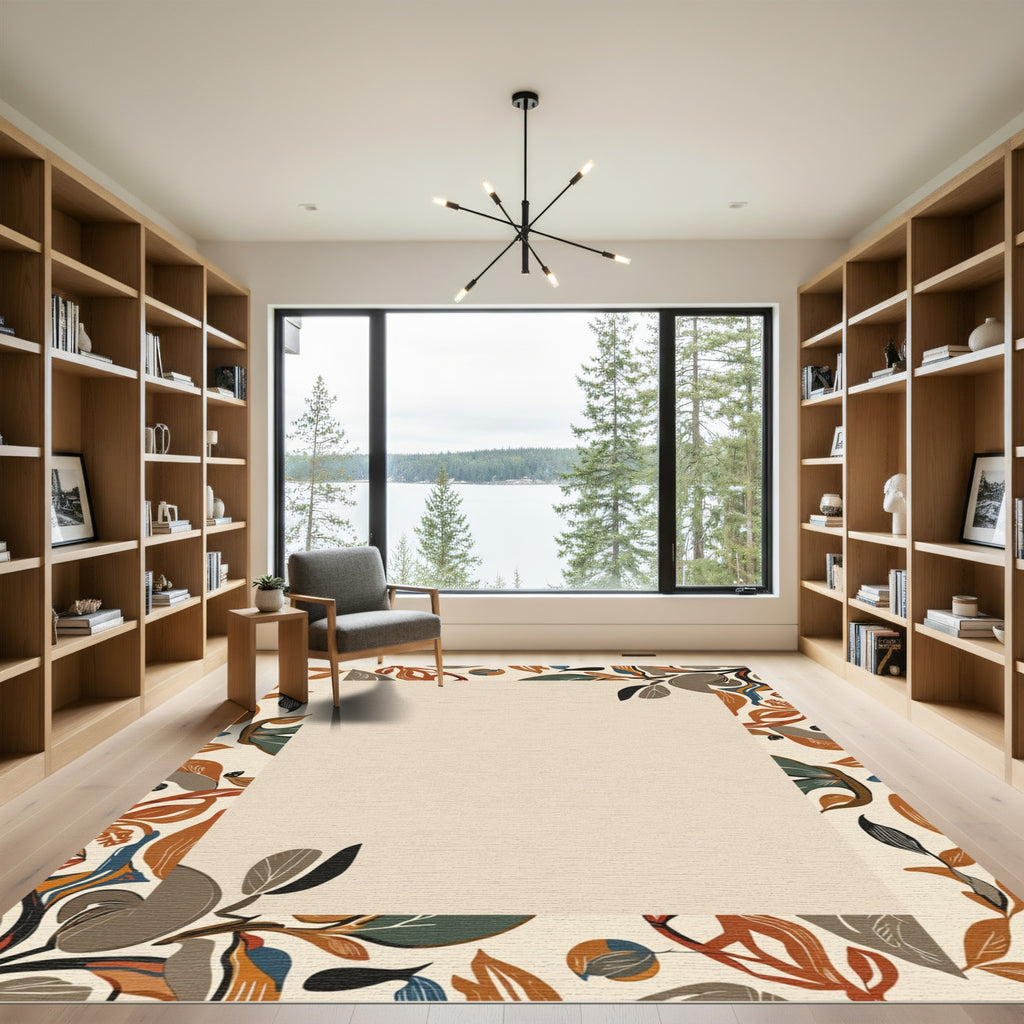 Earthy Terracotta Abstract Leaf Border Rug