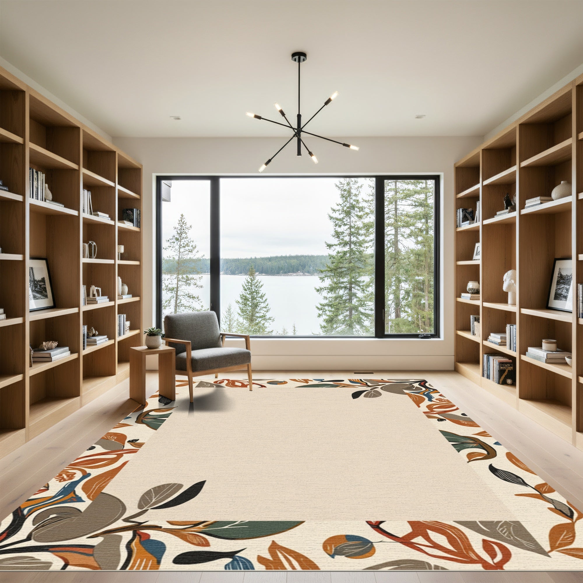 Earthy Terracotta Abstract Leaf Border Rug