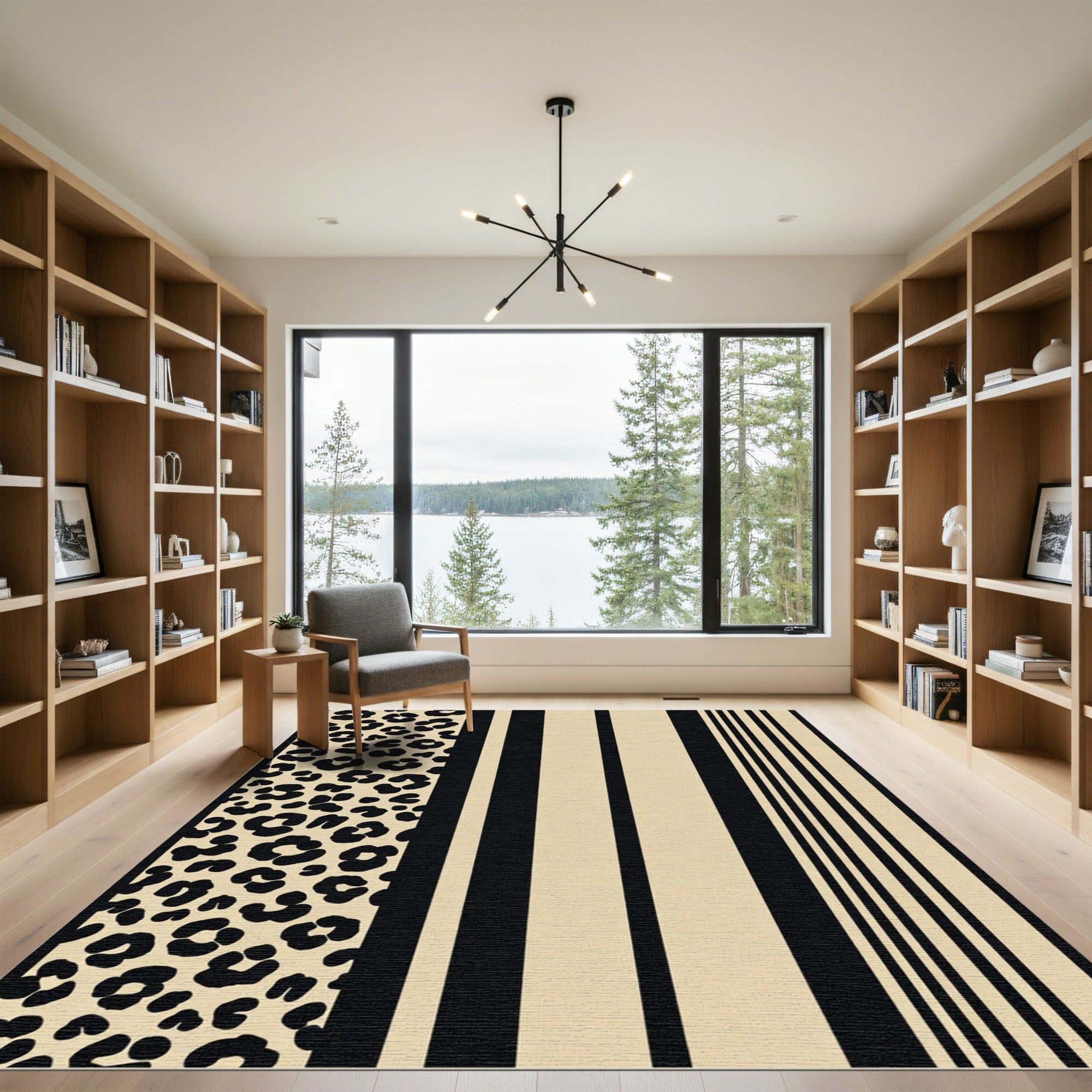 Beige Black Leopard Stripe Compositions Rug