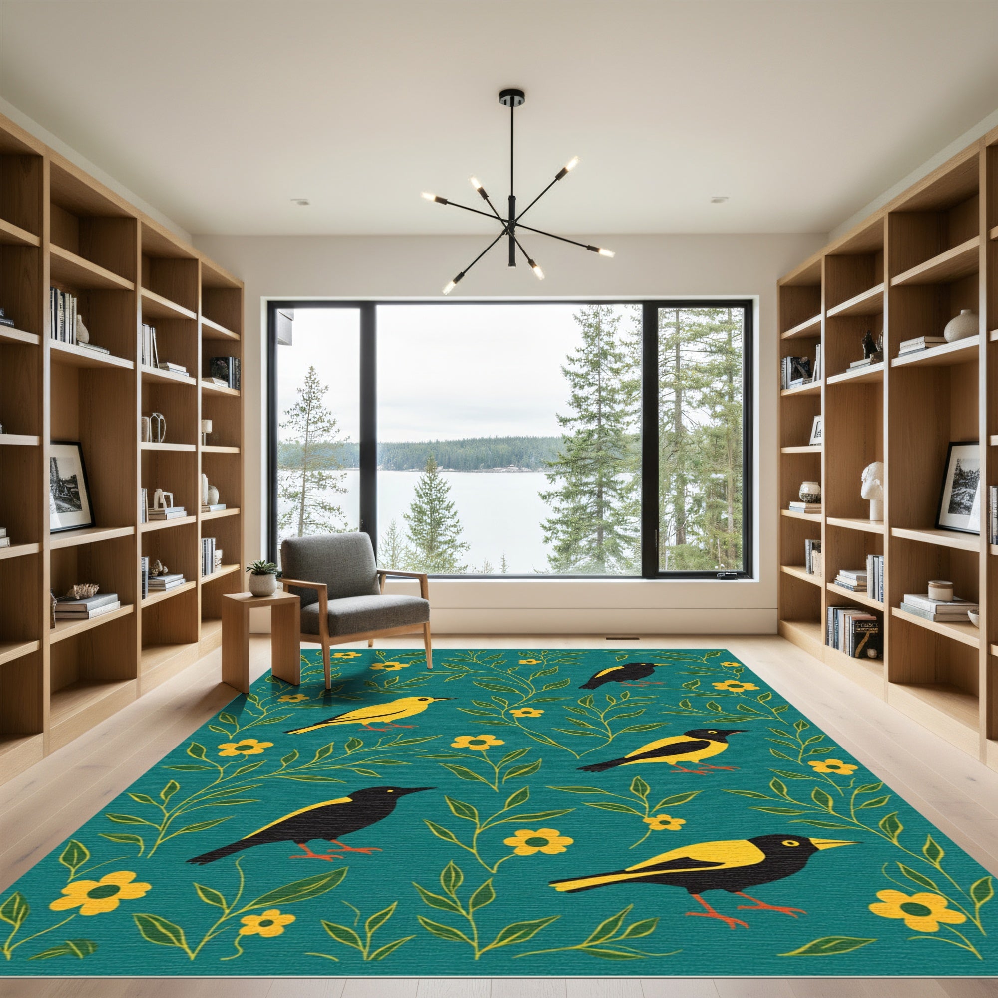 Teal Black Yellow Bird Floral Composition Rug