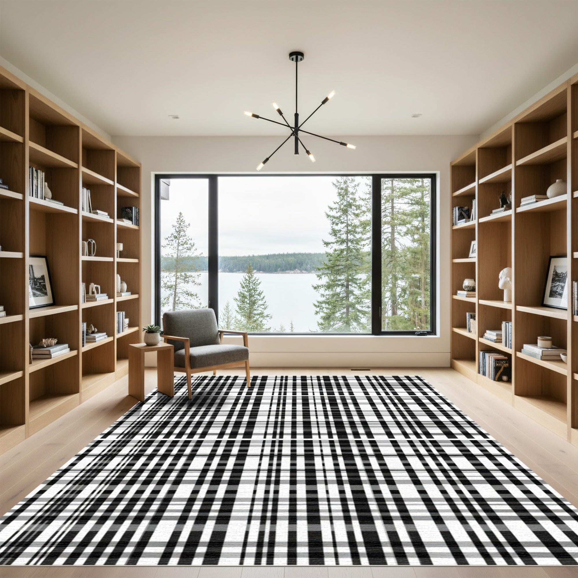 Monochromatic Black White Plaid Lines Rug