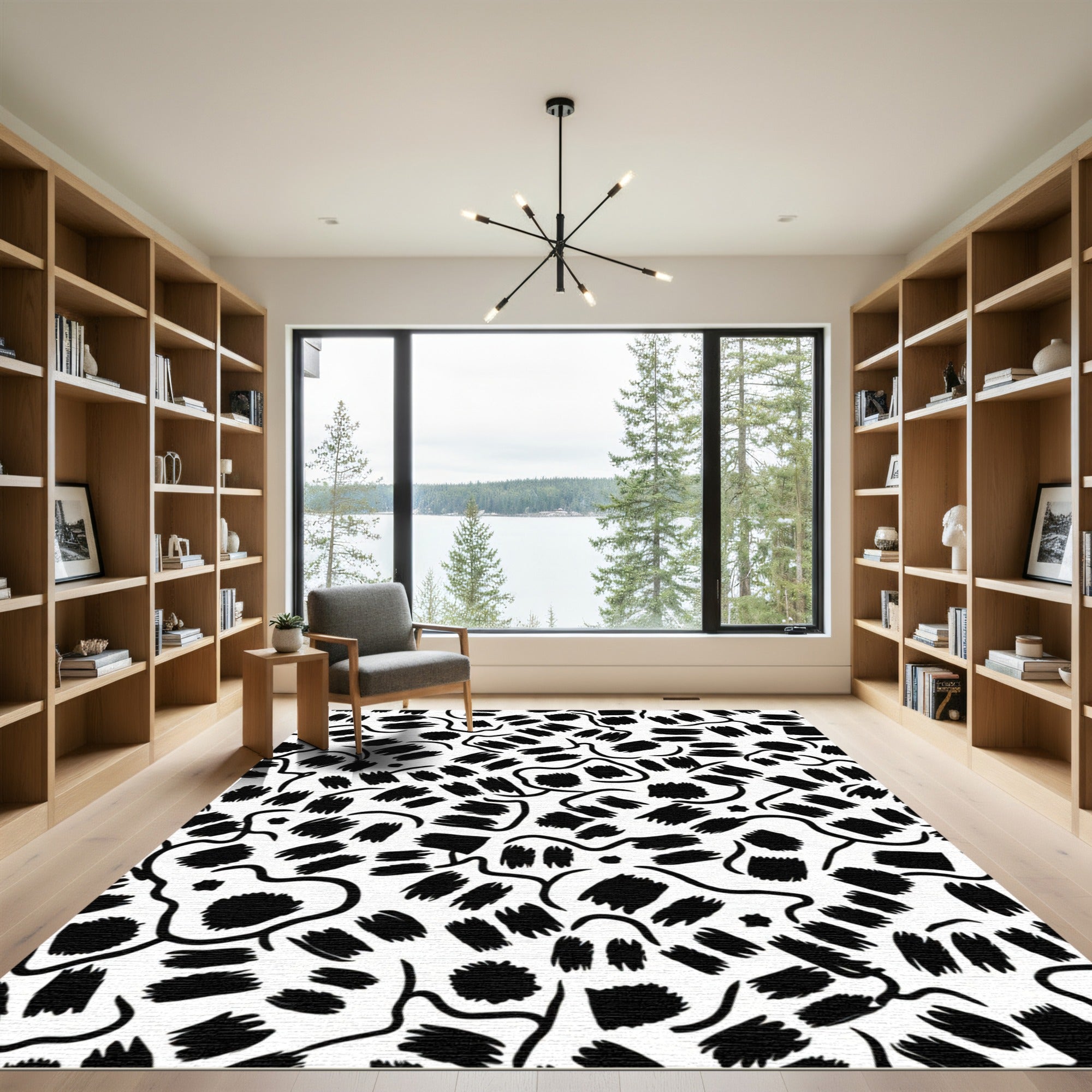 Black Brushstroke Swirl Abstract Rug
