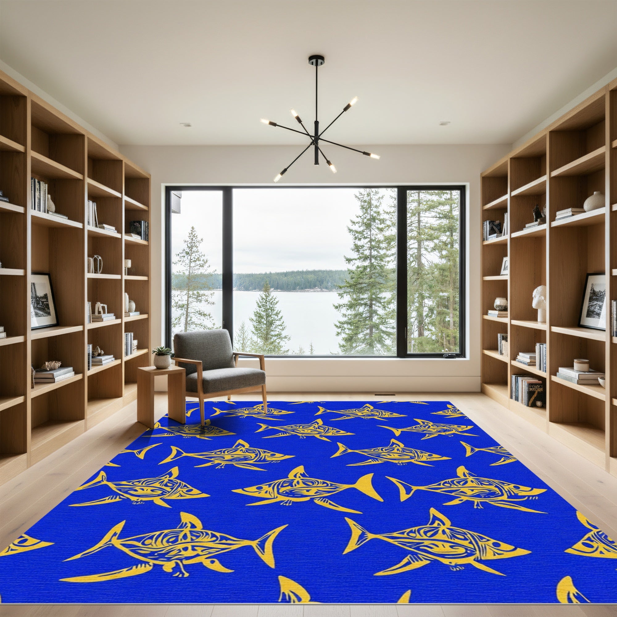 Golden Tribal Shark Blue Area Rug