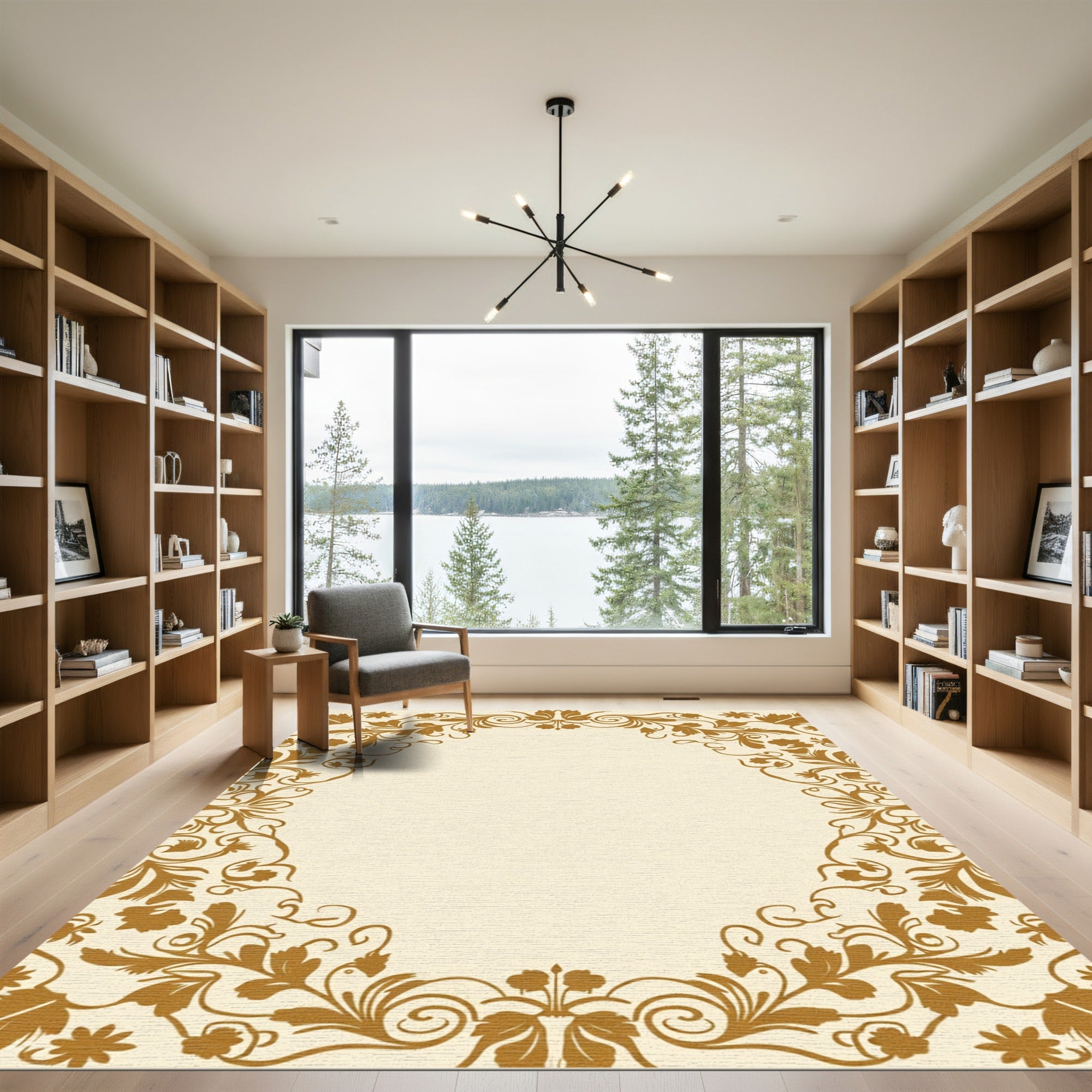 Golden Floral Vine Scroll Rug