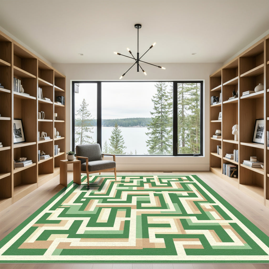 Green Beige Layered Maze Rug