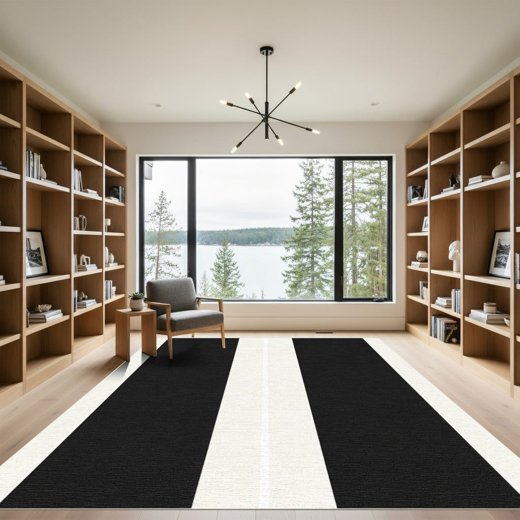 Bold Black White Parallel Bands Rug