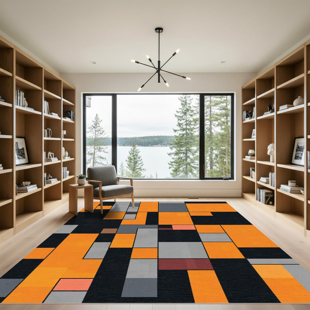 Modern Orange Gray Black Geometric Blocks Rug