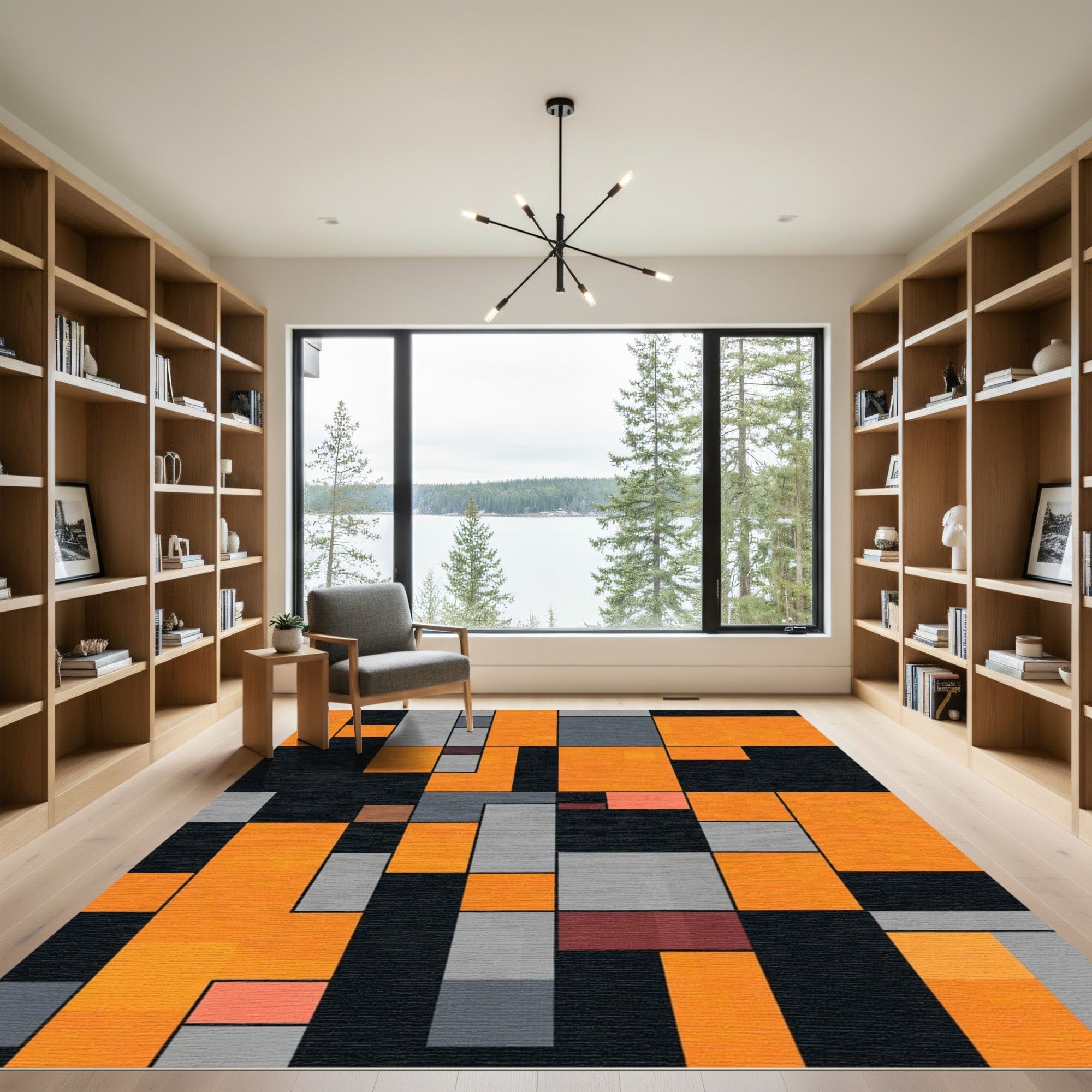 Modern Orange Gray Black Geometric Blocks Rug
