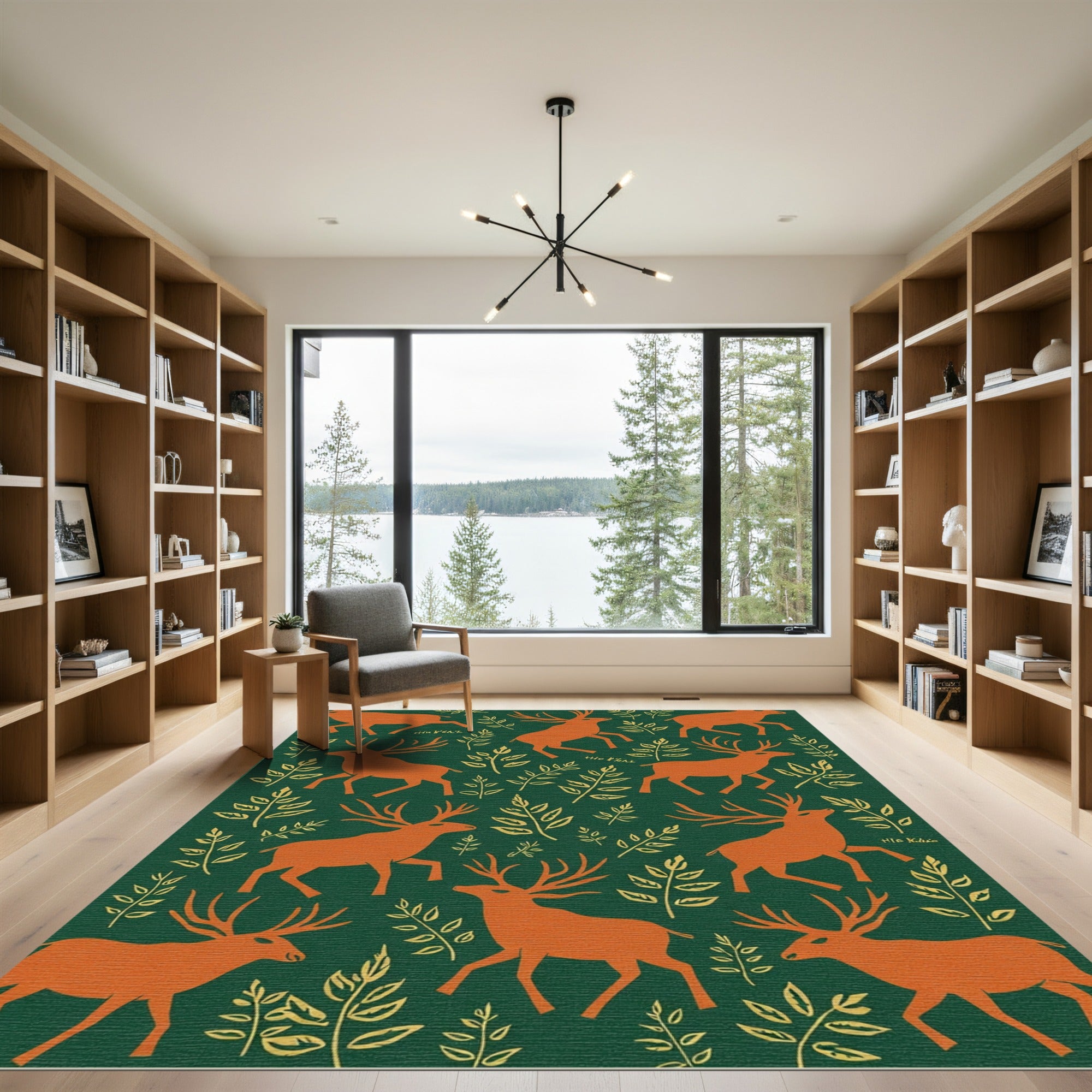 Orange Deer Green Foliage Medley Rug