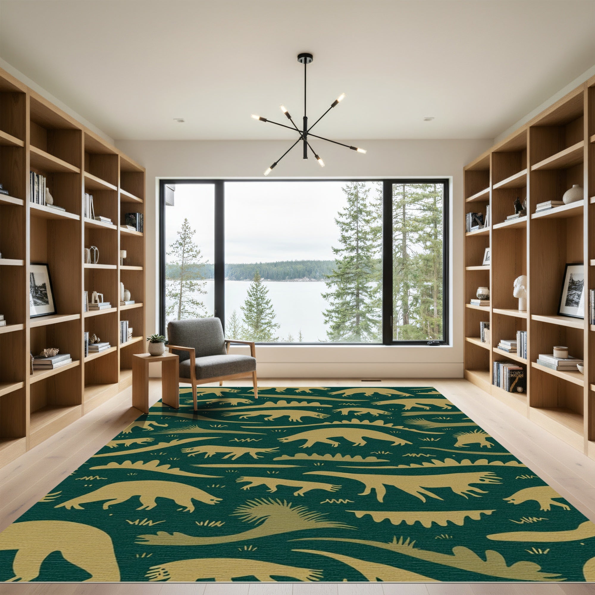 Golden Dinosaur Forest Scene Rug