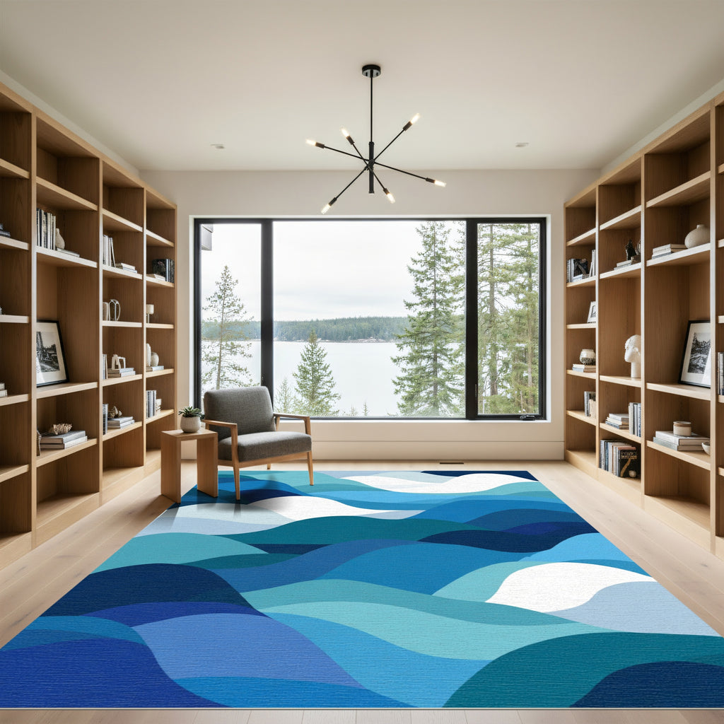 Modern Blue Ocean Wave Abstract Rug