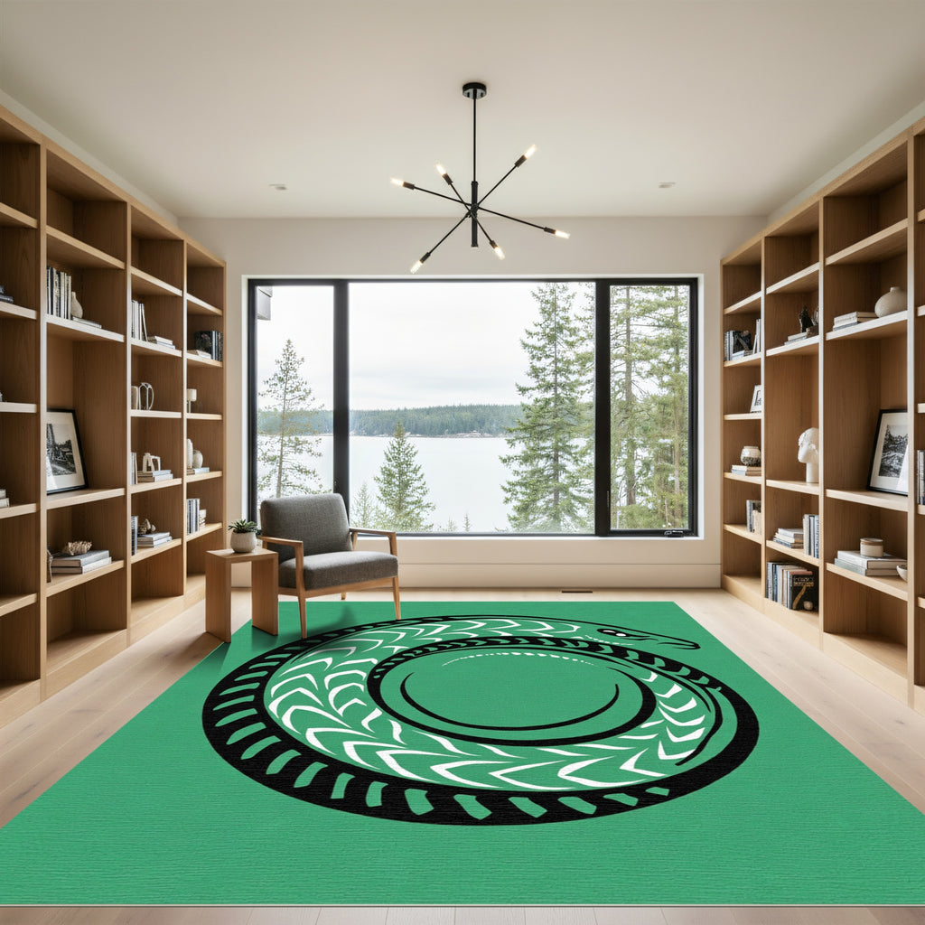 Green Serpent Swirl Tribal Art Rug