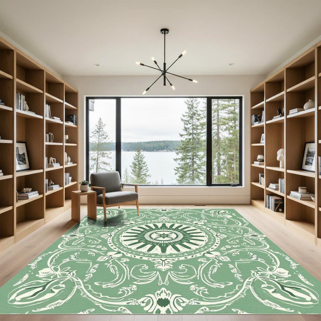 Sage Green Floral Medallion Scrollwork Rug
