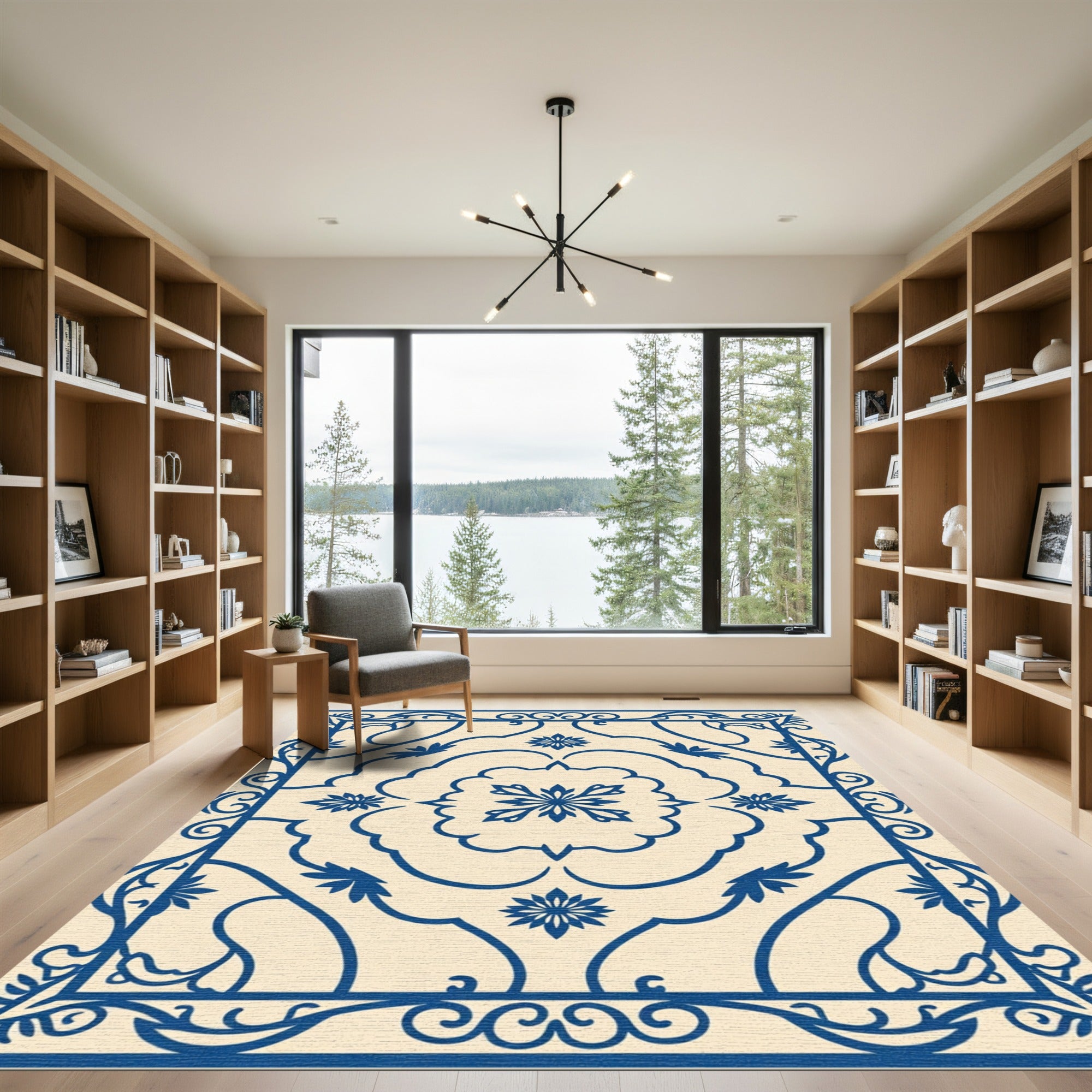 Ivory and Cobalt Blue Floral Frame Rug