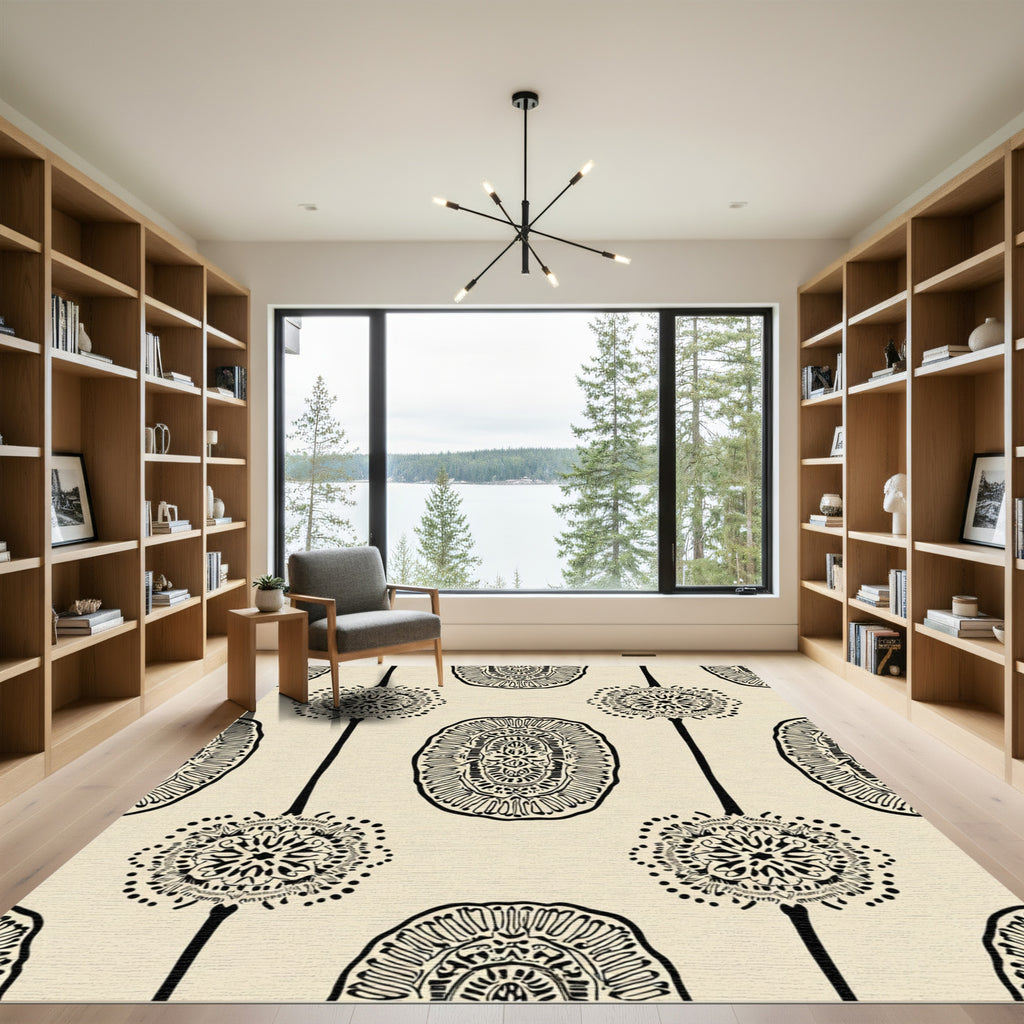 Cream Black Oval Medallion Mandala Rug