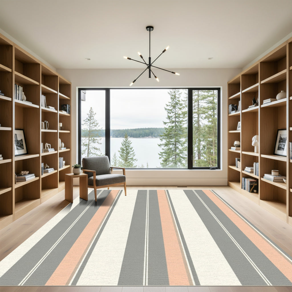 Soft Peach Gray White Stripe Run Rug