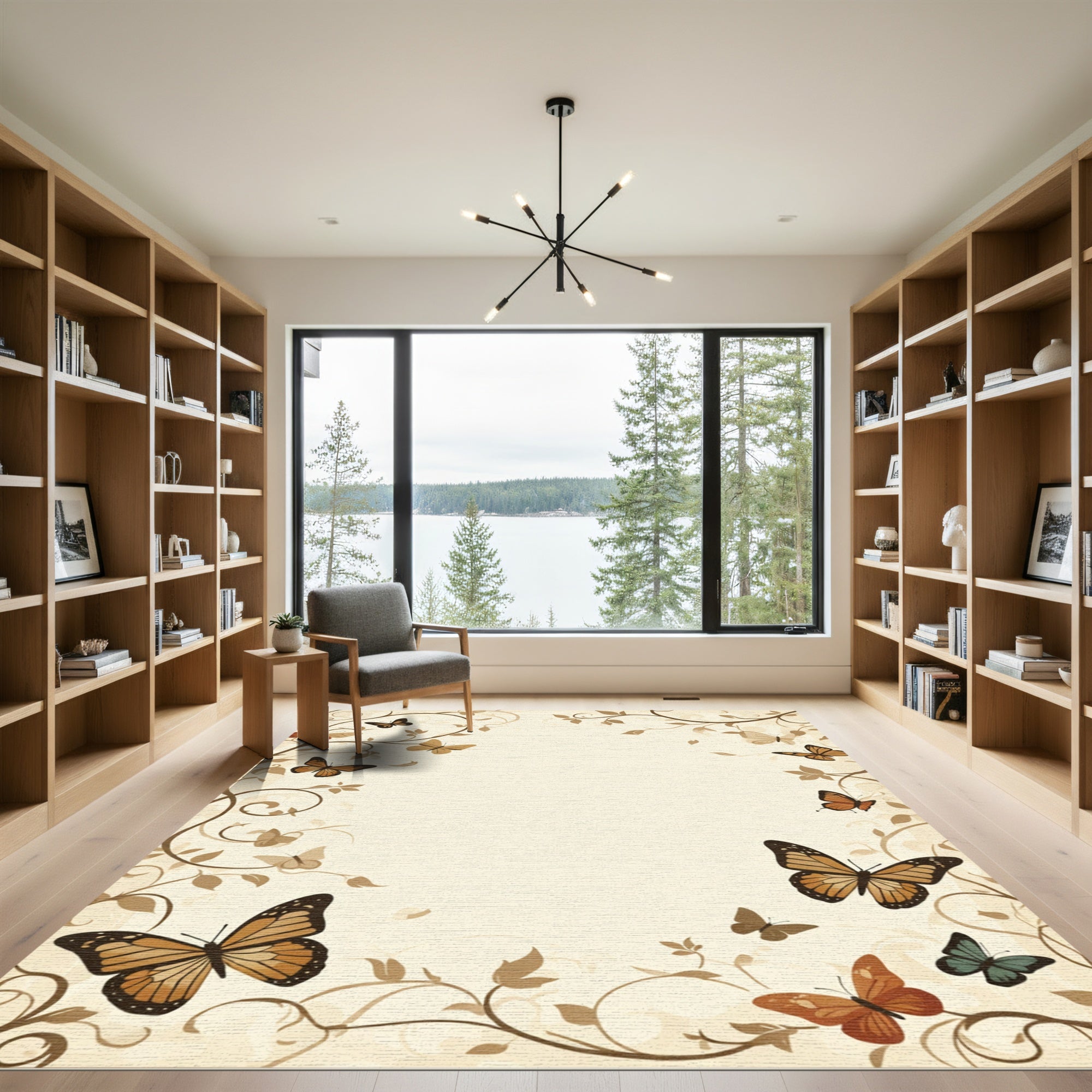 Nature Inspired Butterfly Floral Scroll Rug