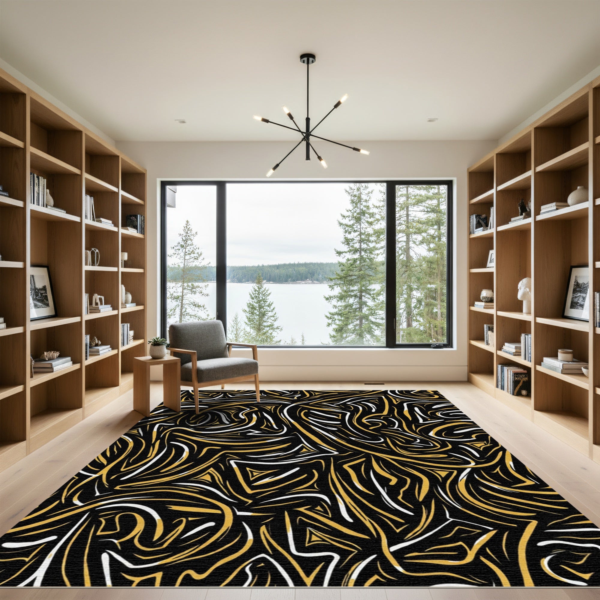 Abstract Golden Swirls Modern Rug