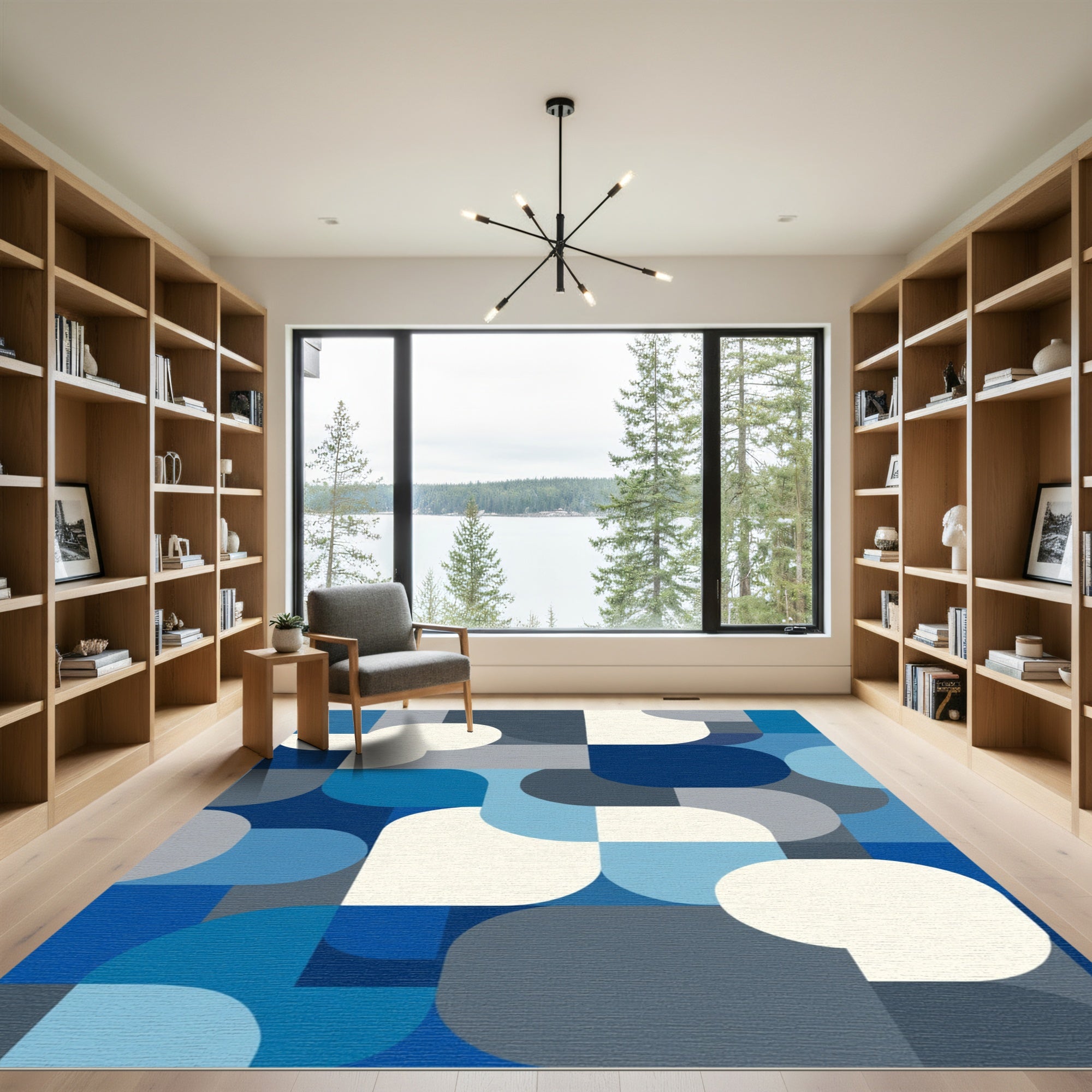 Modern Blue Geometric Rounded Square Rug