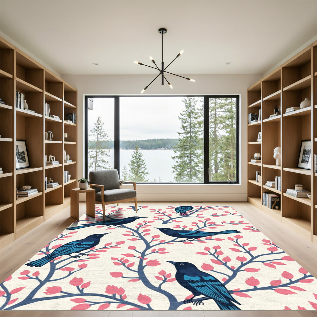 Indigo Birds Pink Foliage Scene Rug