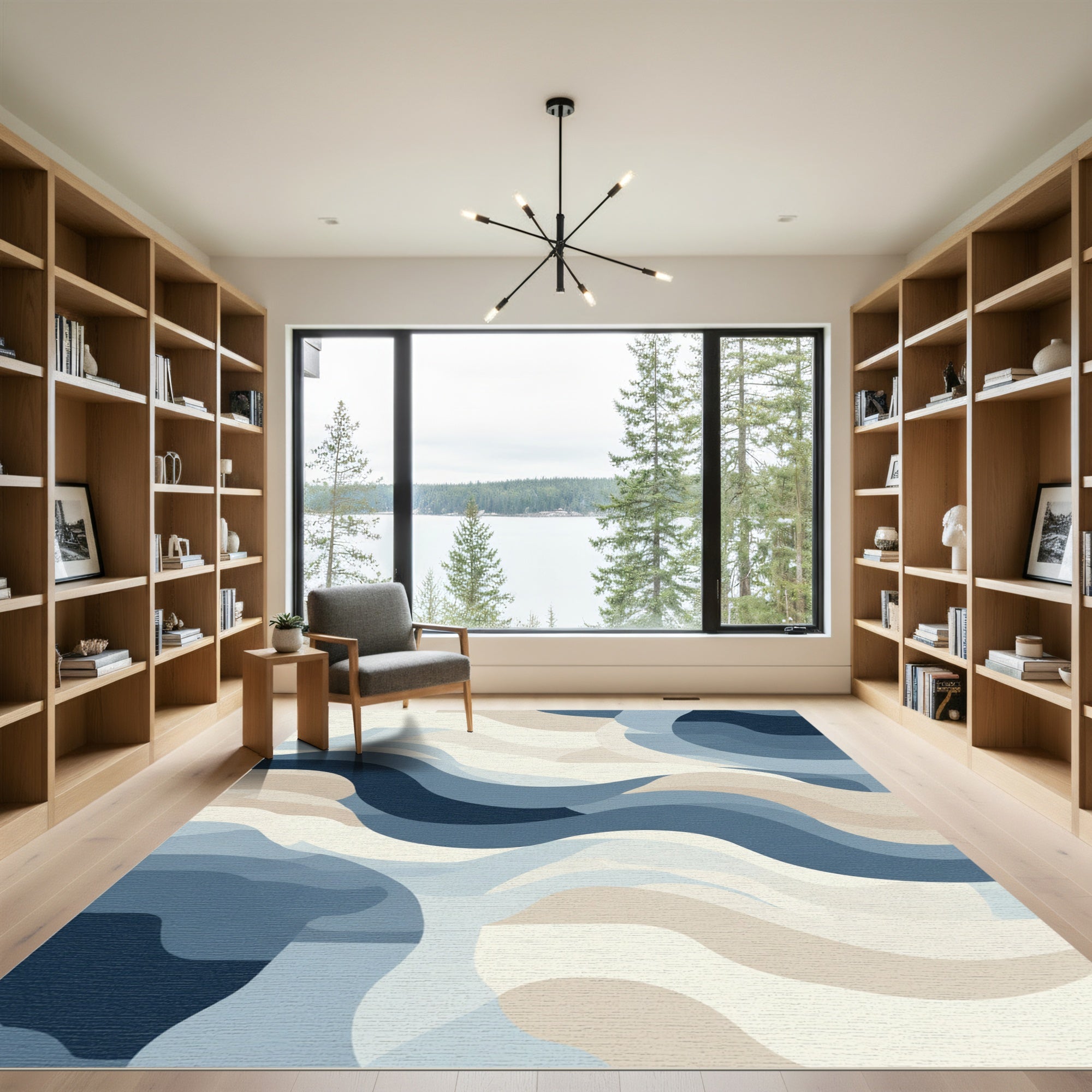 Oceanic Blue Abstract Wave Composition Rug